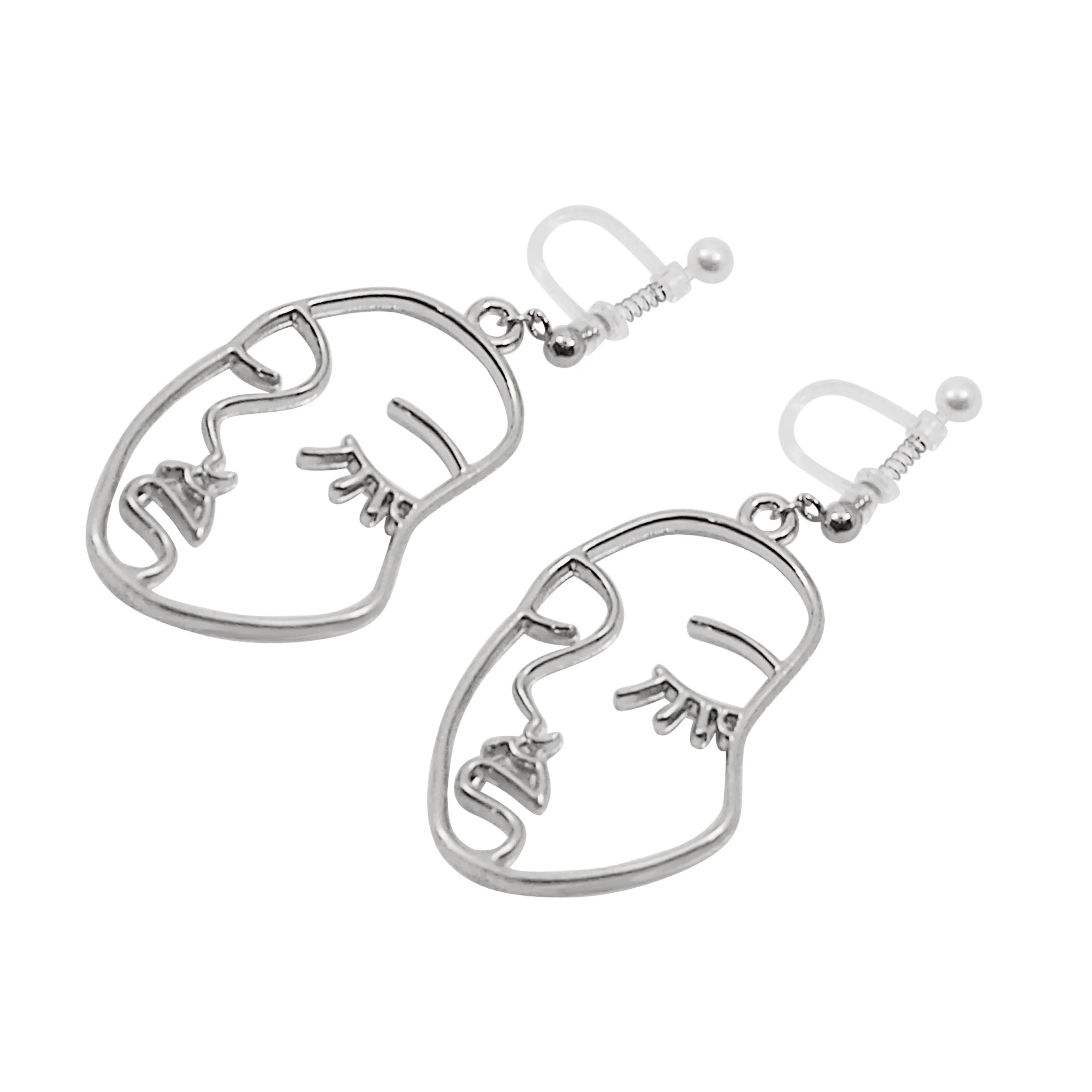 Silver Picasso Face Closed Eyes Invisible Clip On Earrings