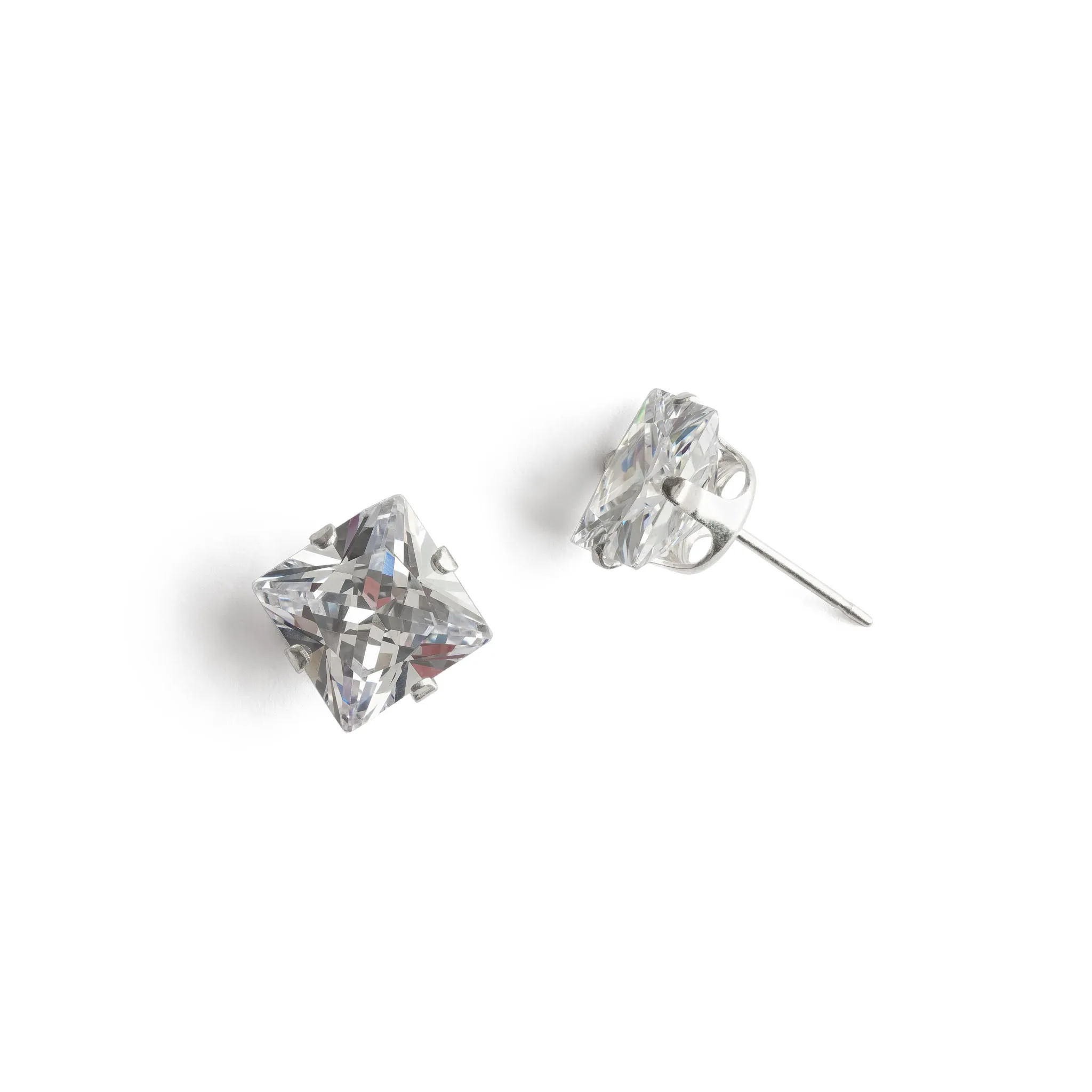 Silver Stud Earrings 8mm Square Crystal