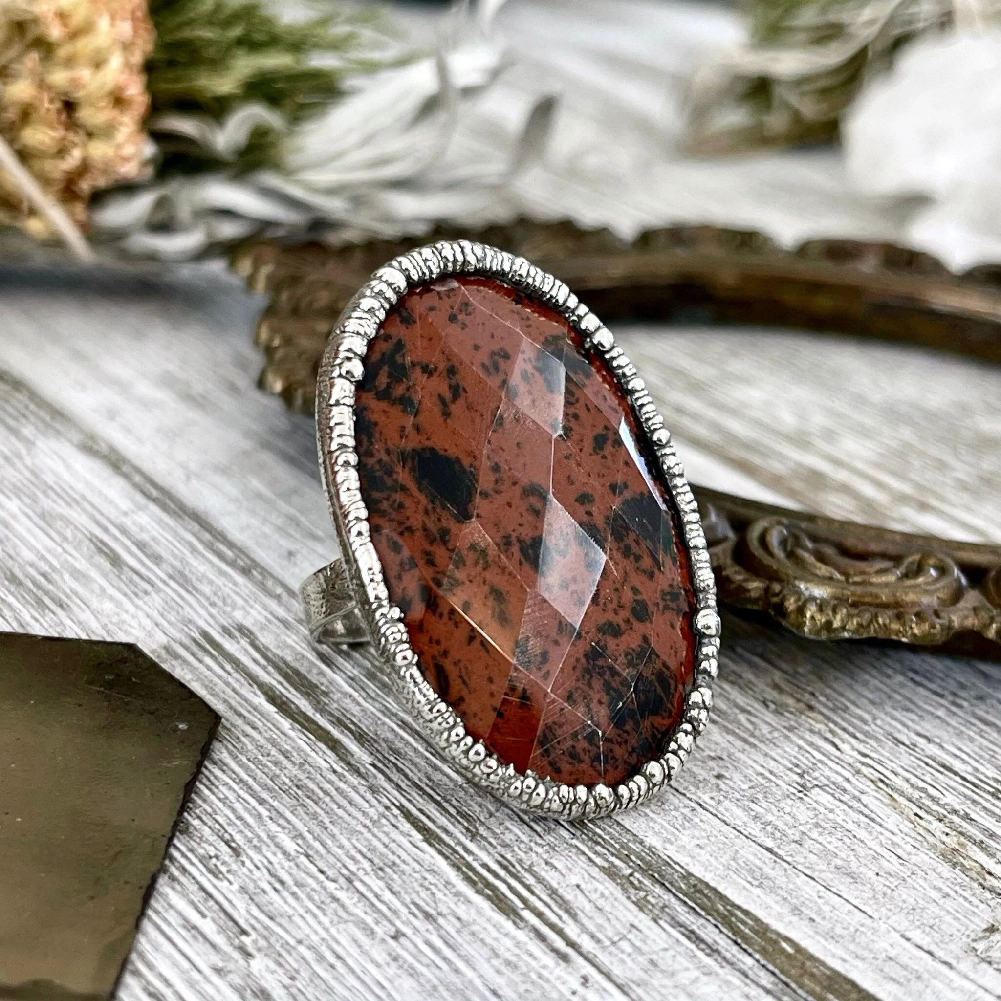 Size 7.5 Big Mahogany Obsidian Statement Ring in Fine Silver / Foxlark Collection - One of a Kind