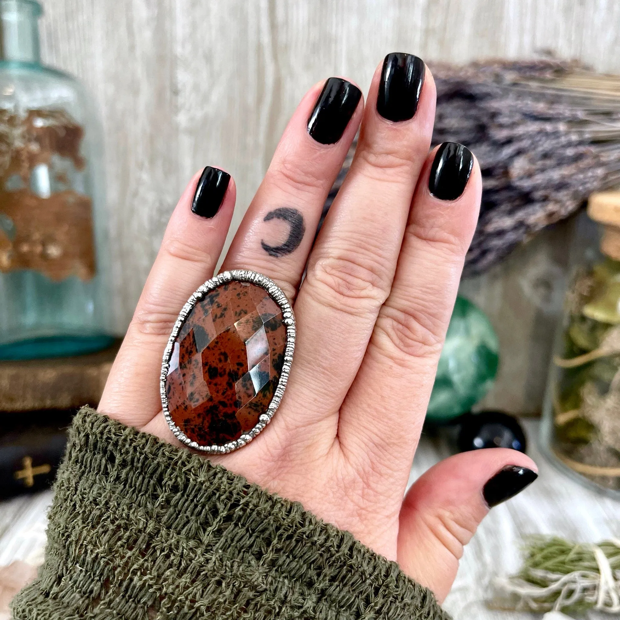 Size 7.5 Big Mahogany Obsidian Statement Ring in Fine Silver / Foxlark Collection - One of a Kind