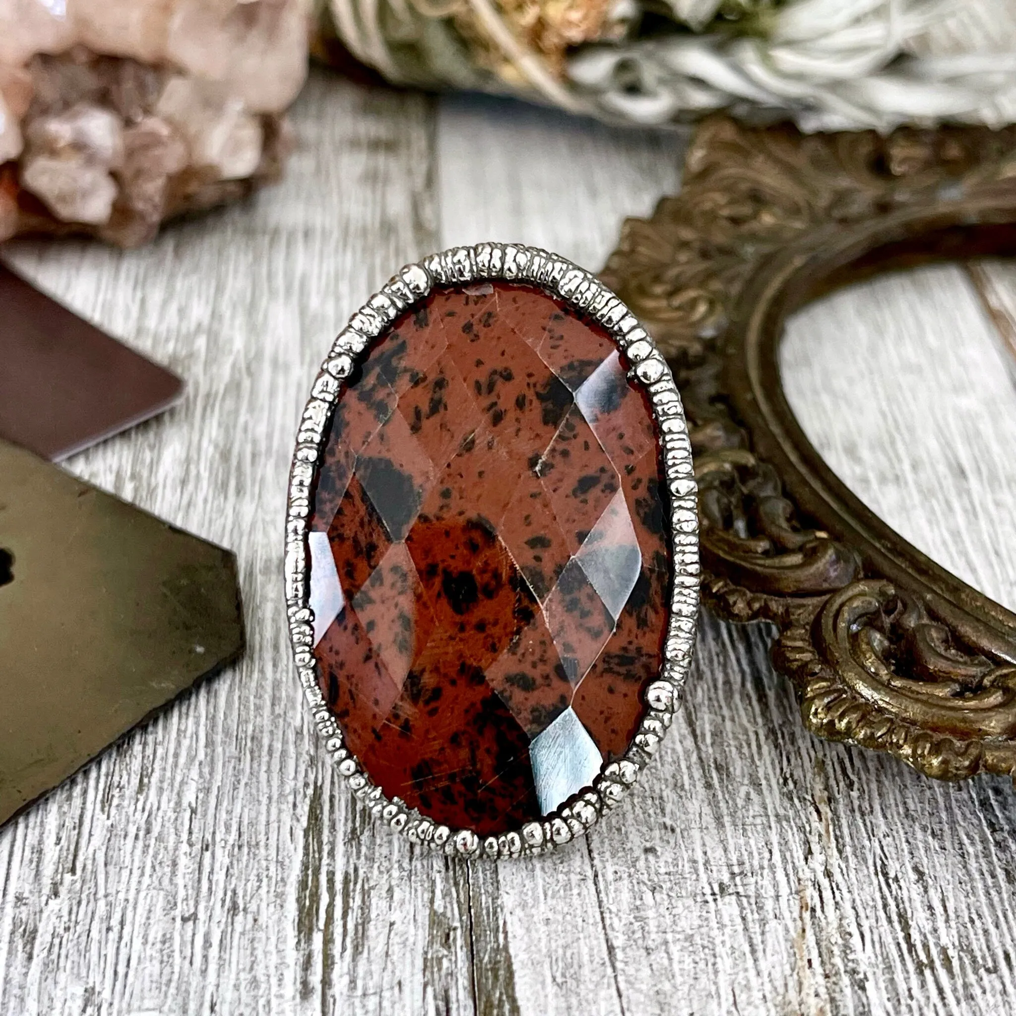 Size 7.5 Big Mahogany Obsidian Statement Ring in Fine Silver / Foxlark Collection - One of a Kind