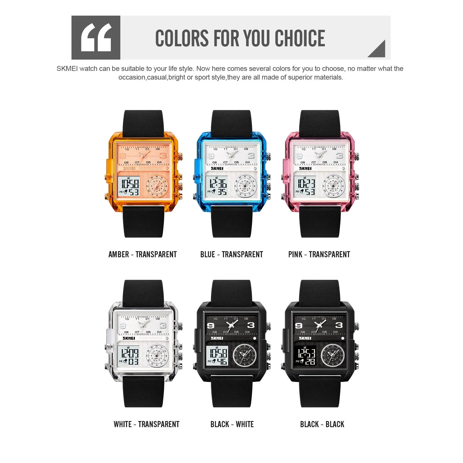 SKMEI 2021 Transparent Case Square Watch w/ Three Dials