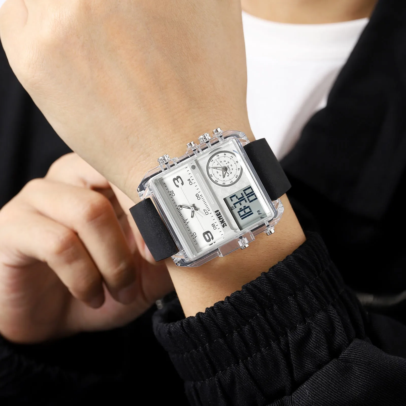 SKMEI 2021 Transparent Case Square Watch w/ Three Dials