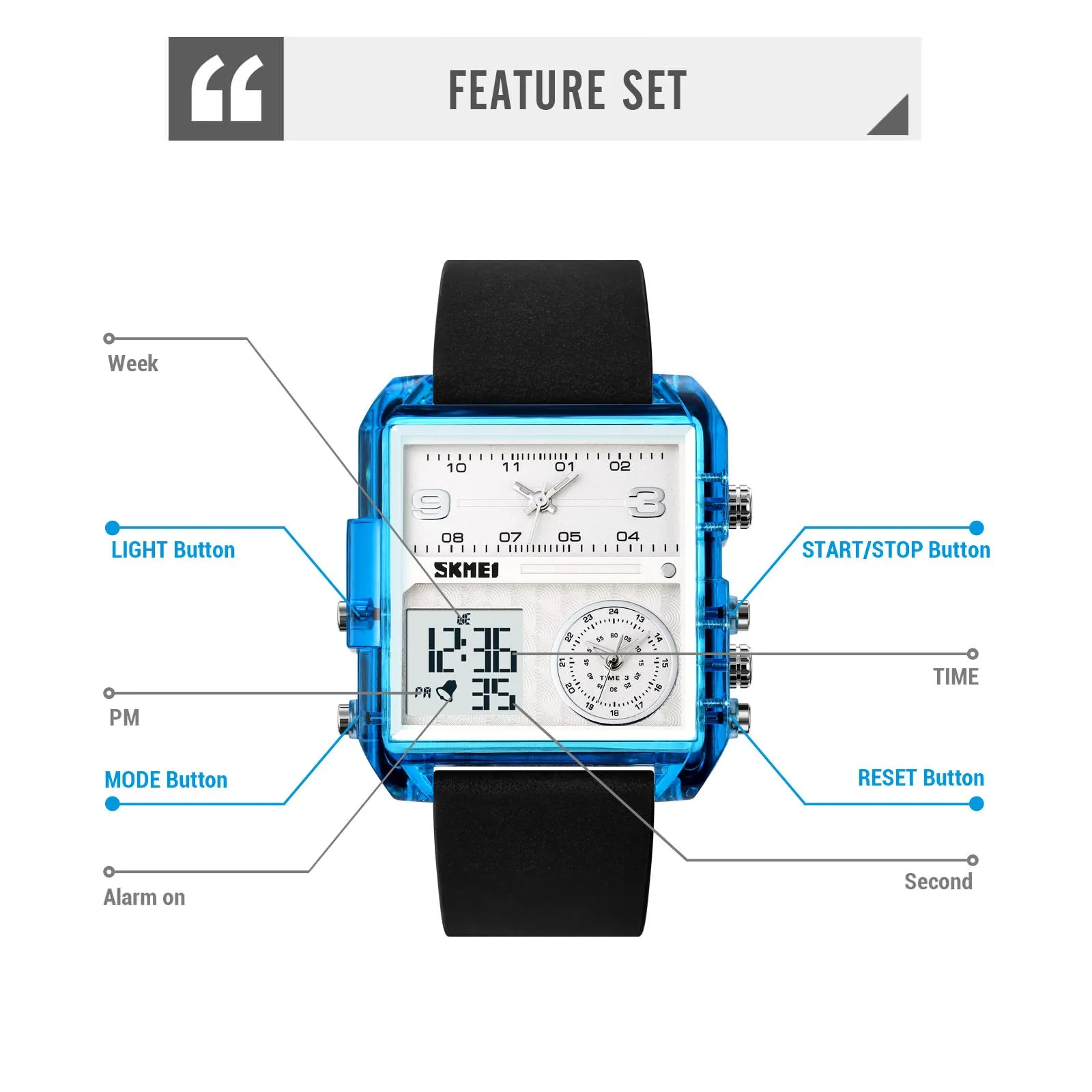 SKMEI 2021 Transparent Case Square Watch w/ Three Dials