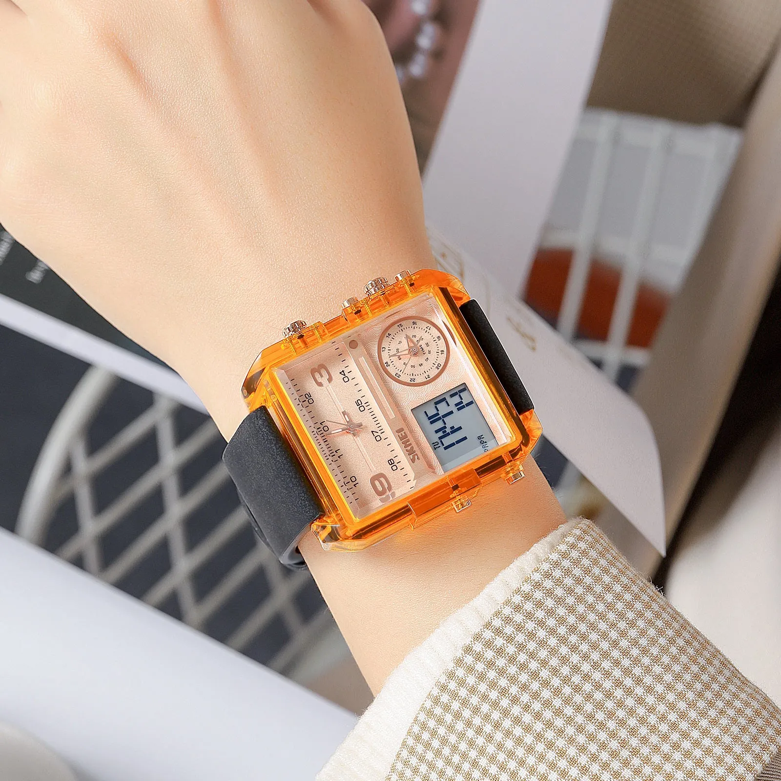 SKMEI 2021 Transparent Case Square Watch w/ Three Dials