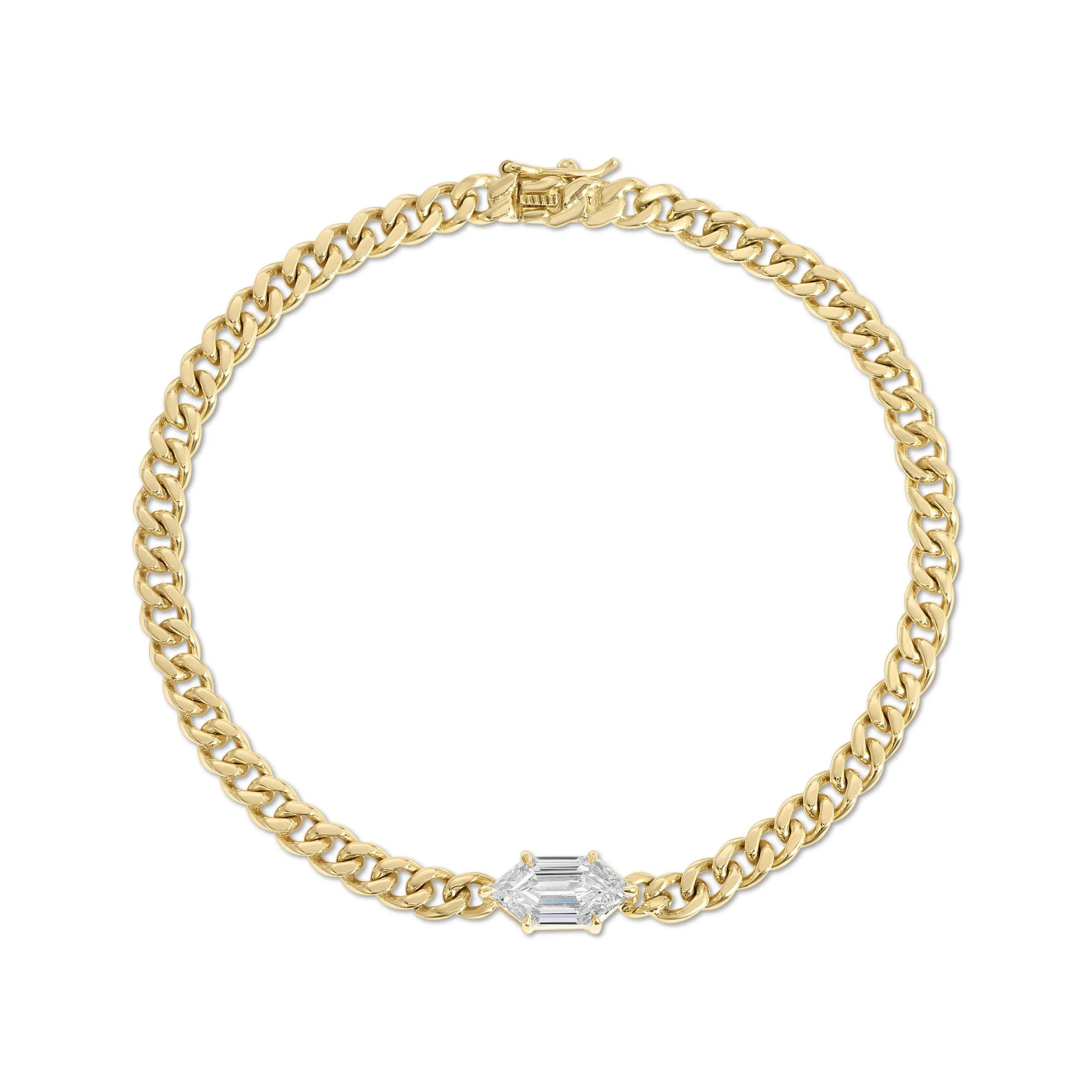 SMALL CUBAN LINK BRACELET WITH ELONGATED HEXAGON KITE DIAMOND CENTER