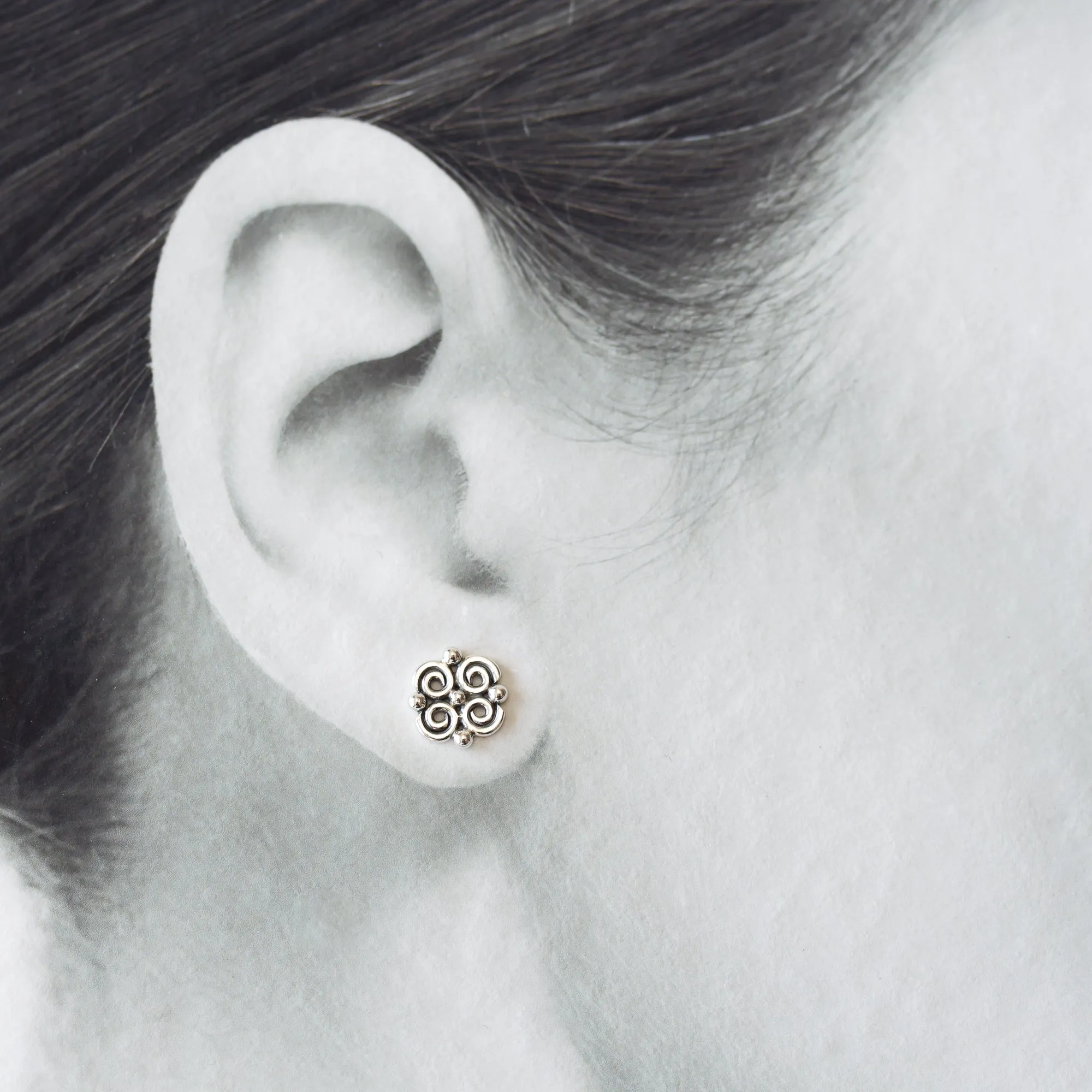 Small Intricate Spiral and Dot Ornamental Stud Earrings, Sterling Silver