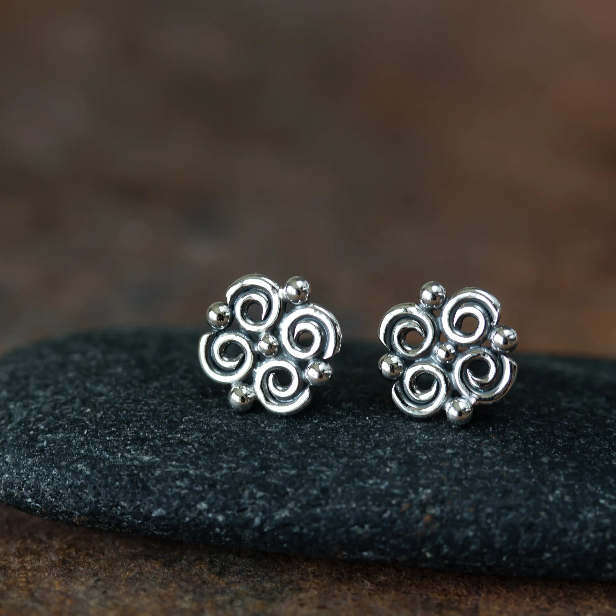 Small Intricate Spiral and Dot Ornamental Stud Earrings, Sterling Silver