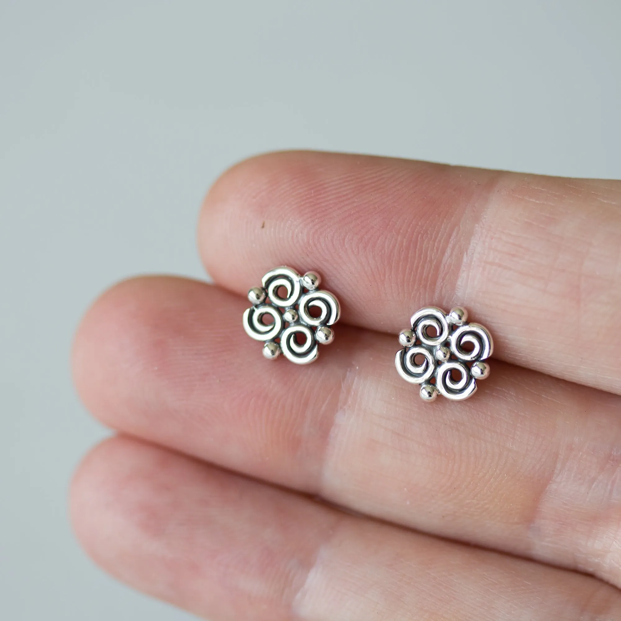 Small Intricate Spiral and Dot Ornamental Stud Earrings, Sterling Silver