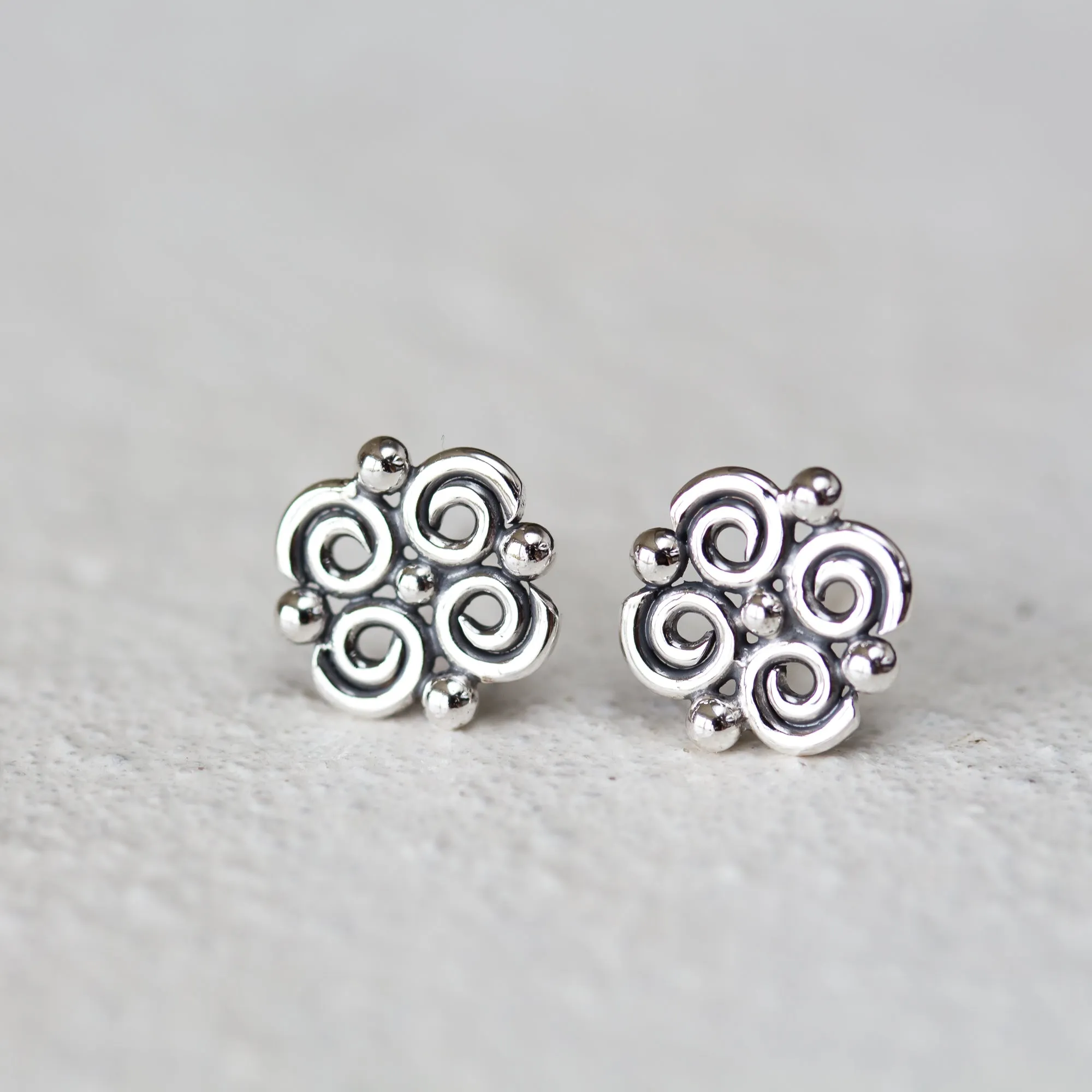 Small Intricate Spiral and Dot Ornamental Stud Earrings, Sterling Silver