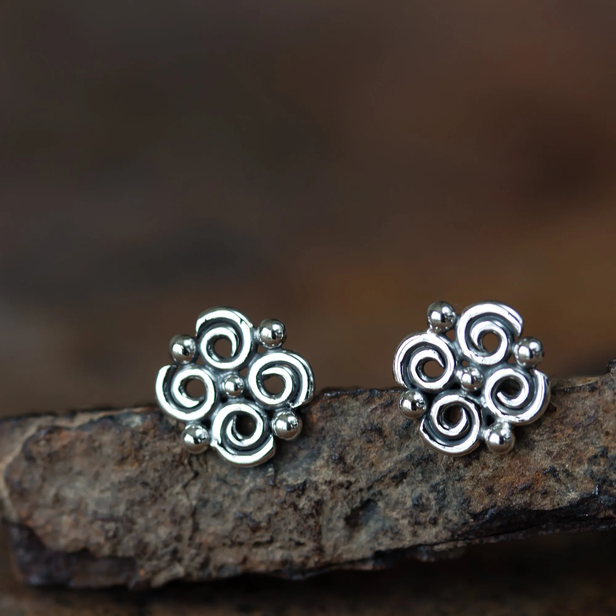 Small Intricate Spiral and Dot Ornamental Stud Earrings, Sterling Silver