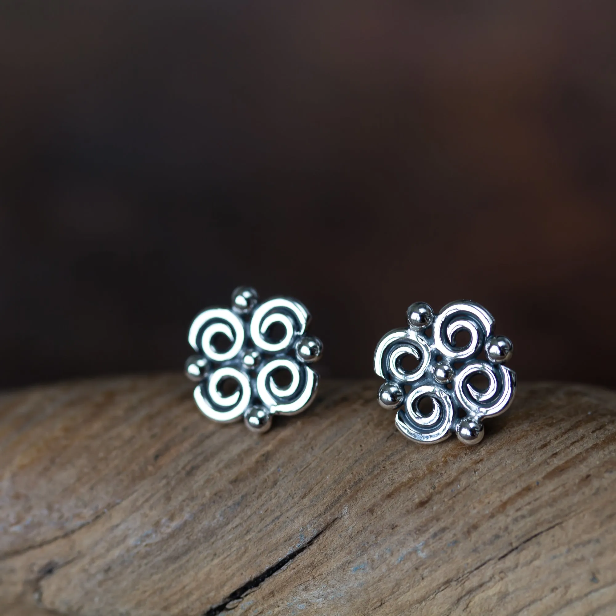 Small Intricate Spiral and Dot Ornamental Stud Earrings, Sterling Silver