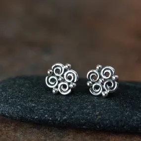 Small Intricate Spiral and Dot Ornamental Stud Earrings, Sterling Silver