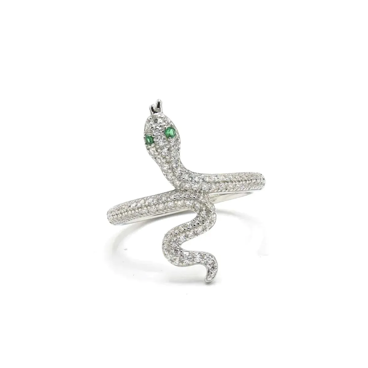 Snake Ring 925 Sterling Silver Pave Diamond CZ Green Eyes Skinny Glam Snake Ring