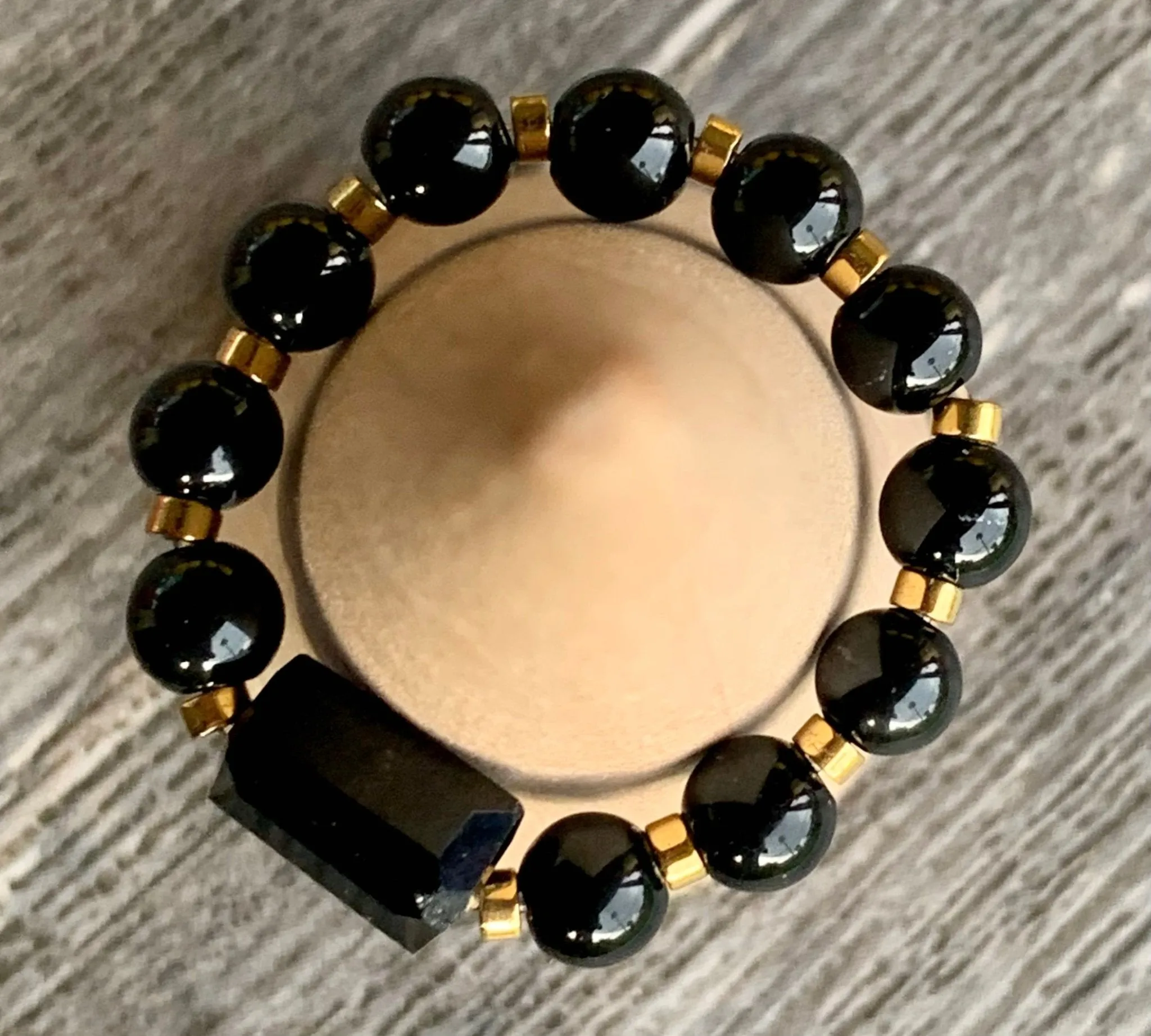 🔴SOLD🔴 Ziva Handmade Black Tourmaline, Gold Hematite, and Austrian Crystal Expandable Ring