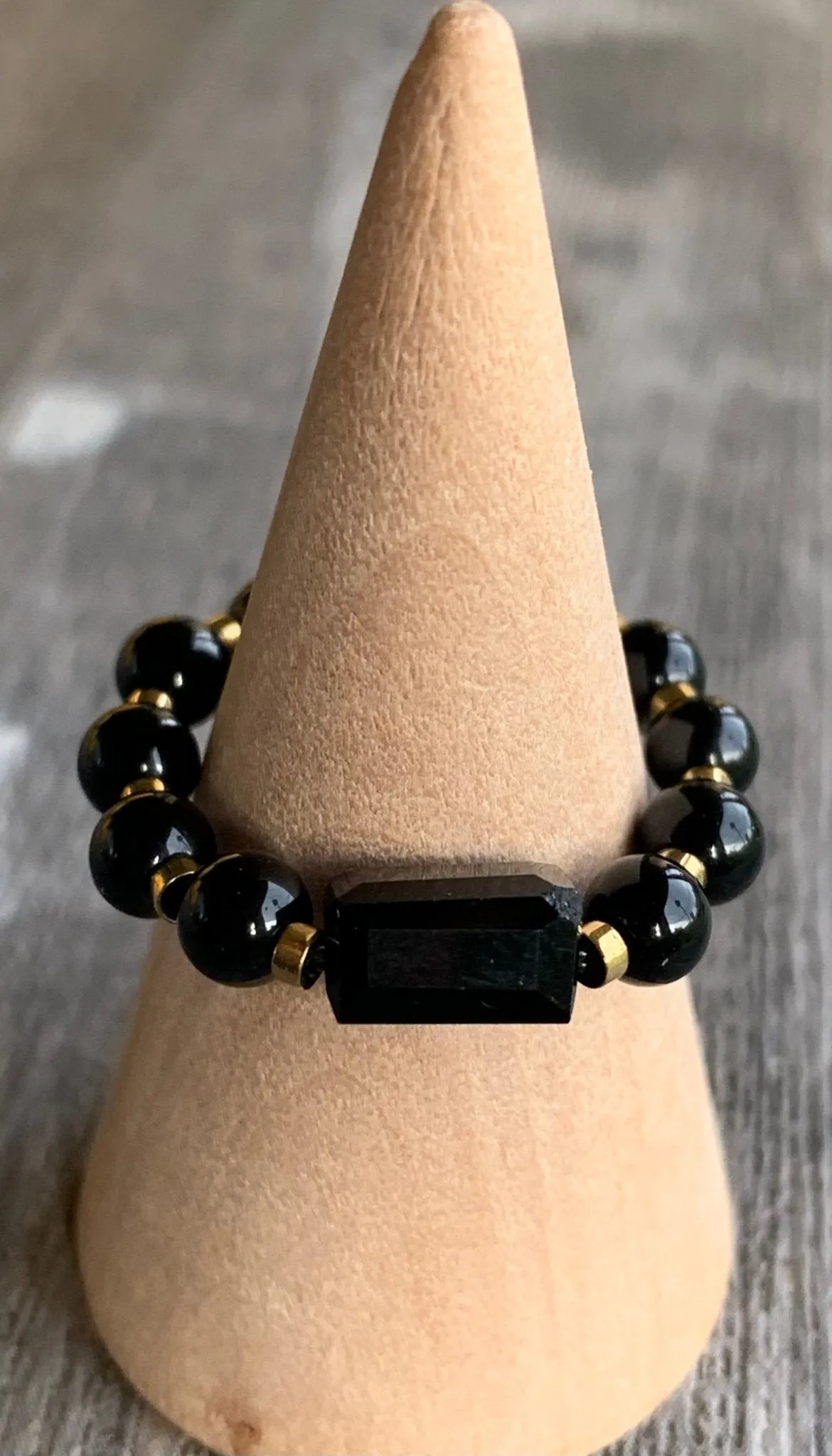 🔴SOLD🔴 Ziva Handmade Black Tourmaline, Gold Hematite, and Austrian Crystal Expandable Ring