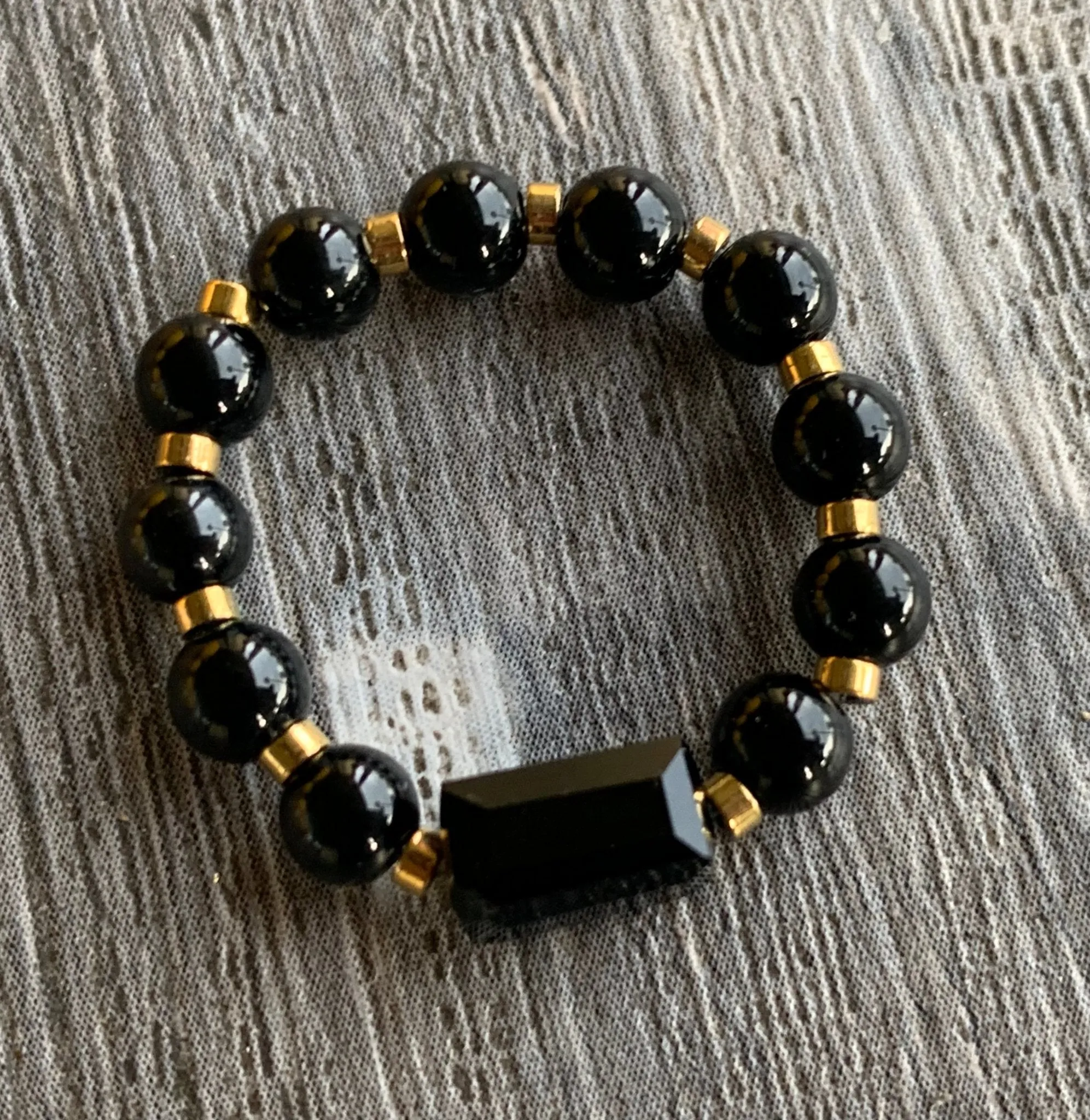 🔴SOLD🔴 Ziva Handmade Black Tourmaline, Gold Hematite, and Austrian Crystal Expandable Ring