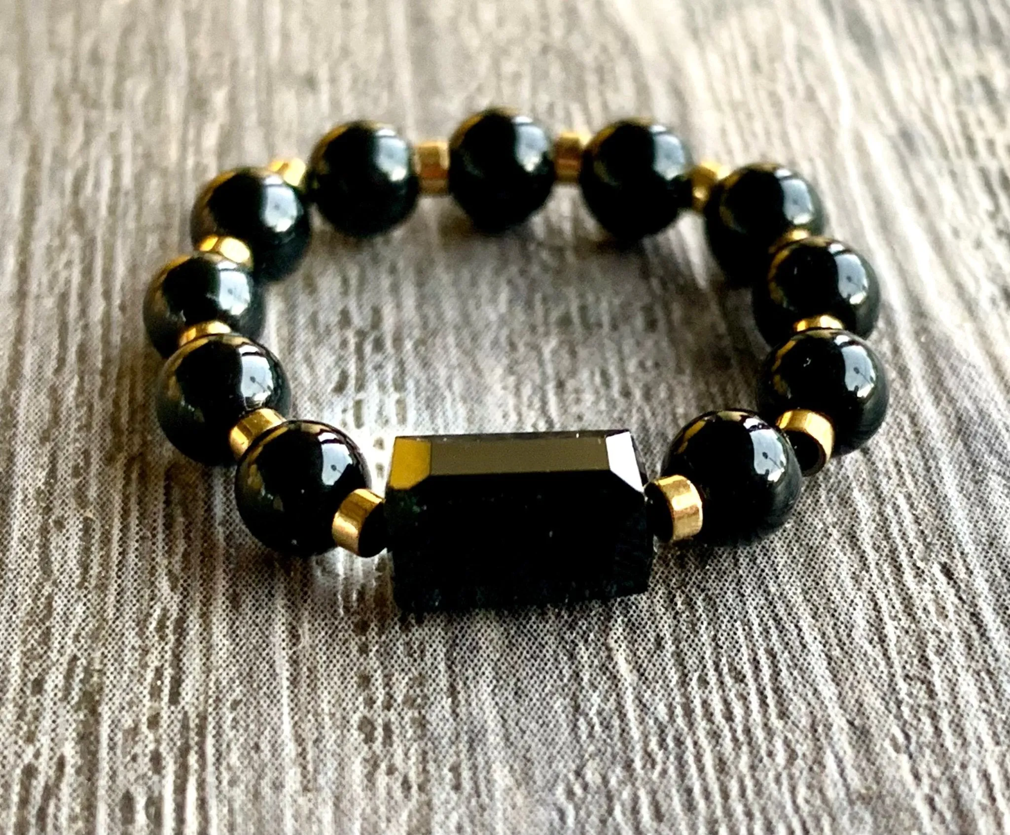 🔴SOLD🔴 Ziva Handmade Black Tourmaline, Gold Hematite, and Austrian Crystal Expandable Ring