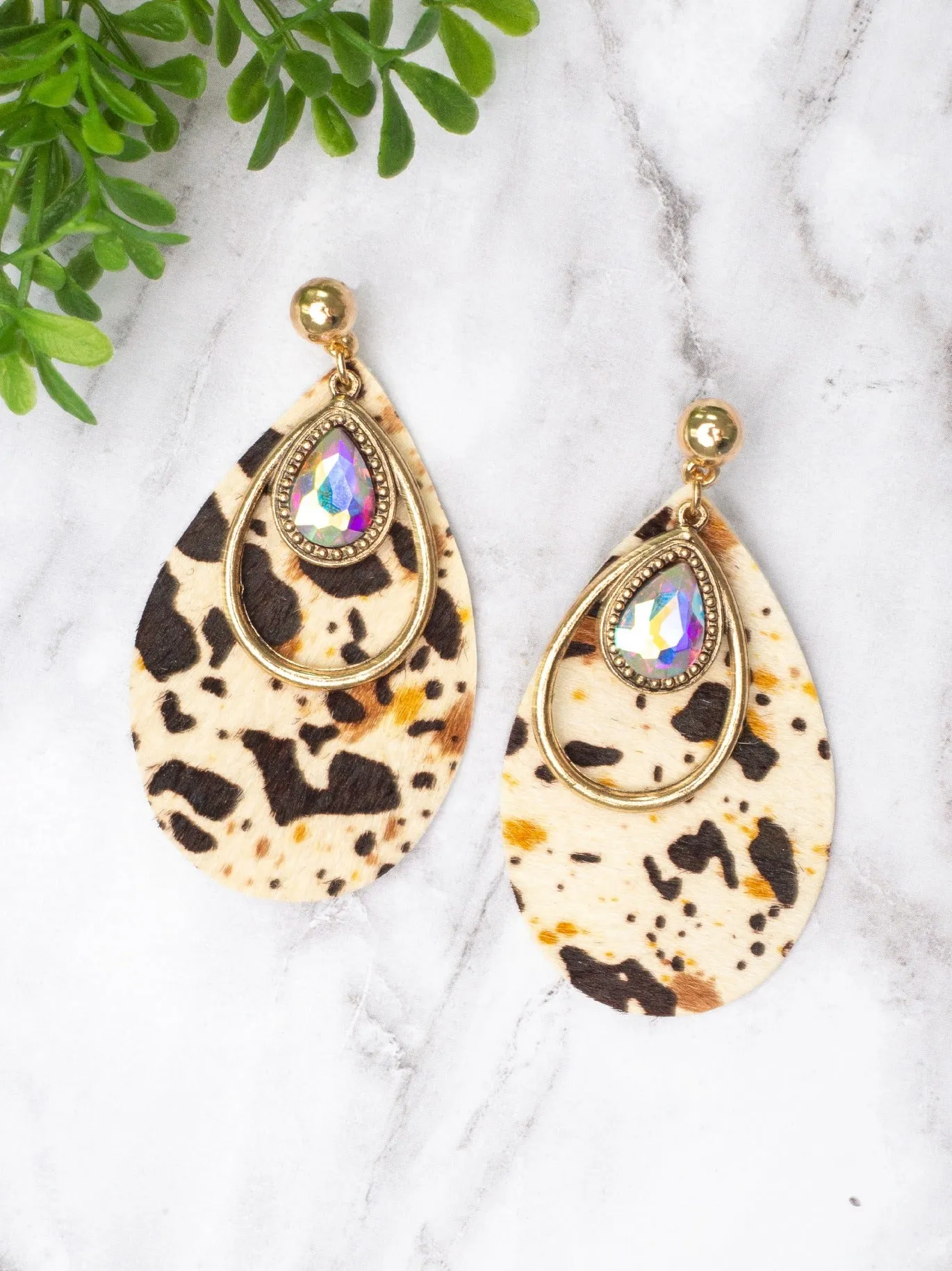 Space Cowgirl Cowhide Teardrop Crystal Stud Earrings