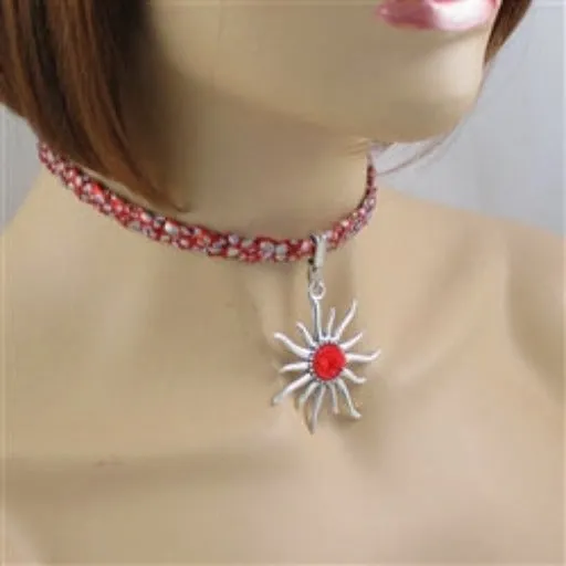 Sparkle Red Vegan Braided  Leather Cord Choker with Sunburst Pendant