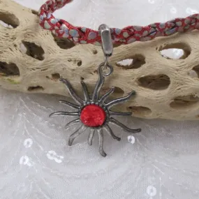 Sparkle Red Vegan Braided  Leather Cord Choker with Sunburst Pendant