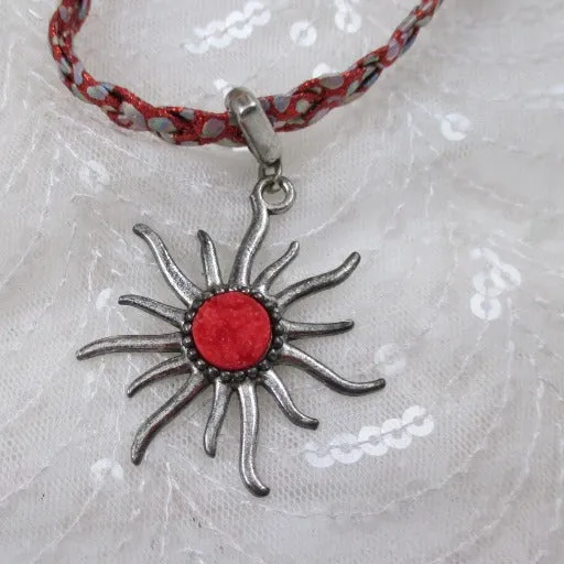 Sparkle Red Vegan Braided  Leather Cord Choker with Sunburst Pendant