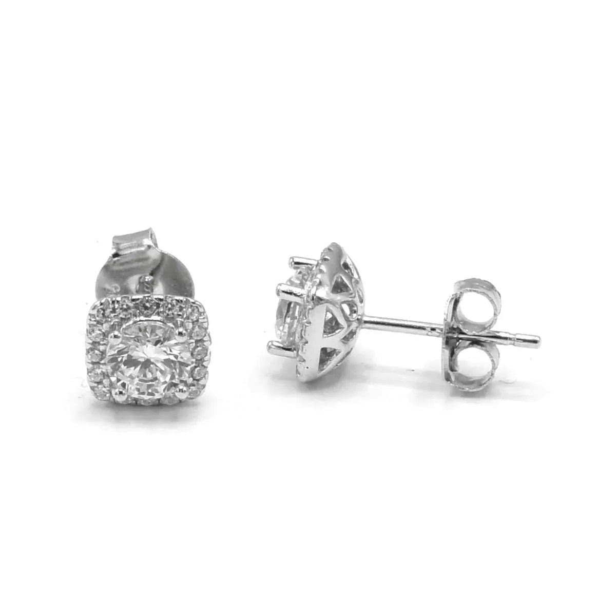 Square Stud Earrings, 925 Sterling Silver Cushion Cut Halo Diamond Cubic ZIrconia Statement Luxury  Earrings