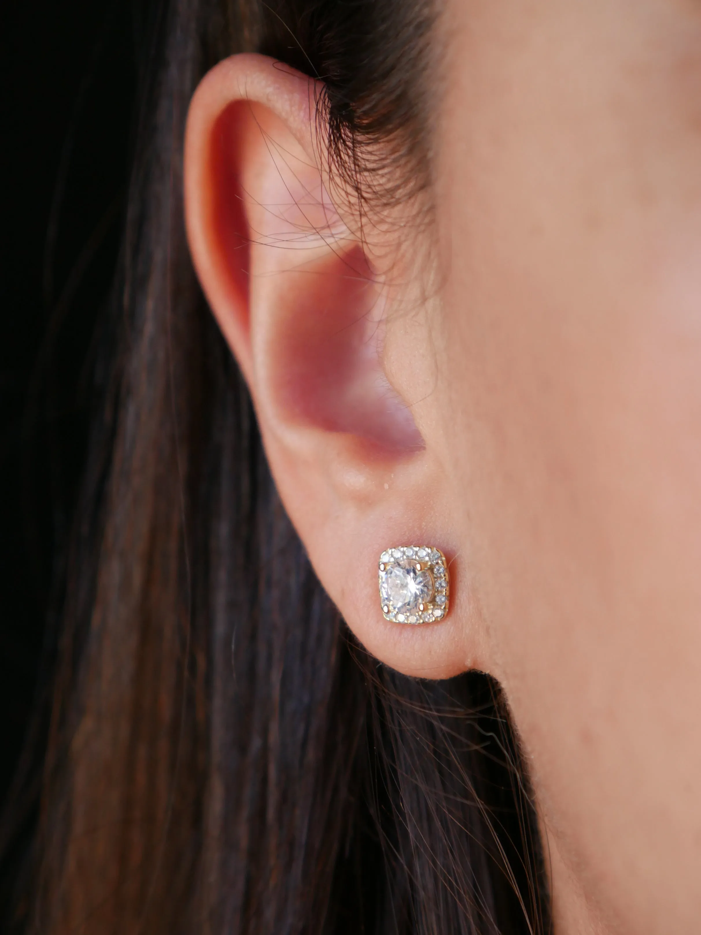 Square Stud Earrings, 925 Sterling Silver Cushion Cut Halo Diamond Cubic ZIrconia Statement Luxury  Earrings