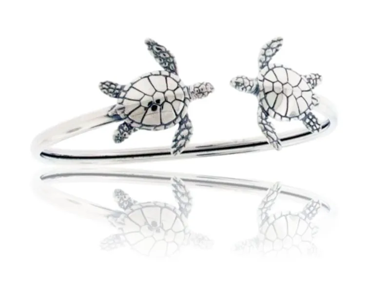 Sterling Silver Adjustable Swimming Turtle Cuff Bracelet