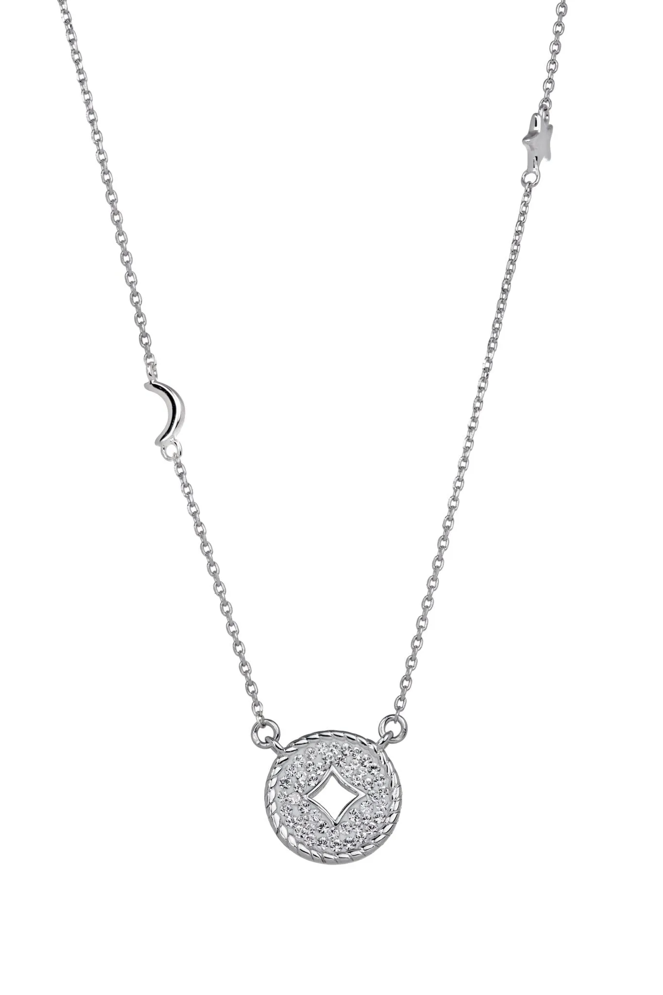 Sterling Silver Crystal Crescent Moon & Star 12mm Round Necklace