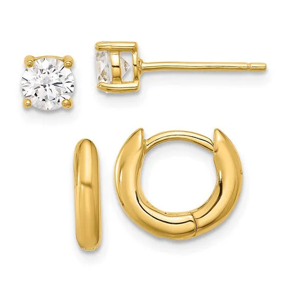 Sterling Silver Gold-tone Huggie Hoops and 5mm CZ Stud Earrings Set