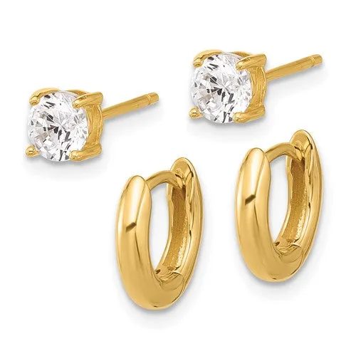 Sterling Silver Gold-tone Huggie Hoops and 5mm CZ Stud Earrings Set