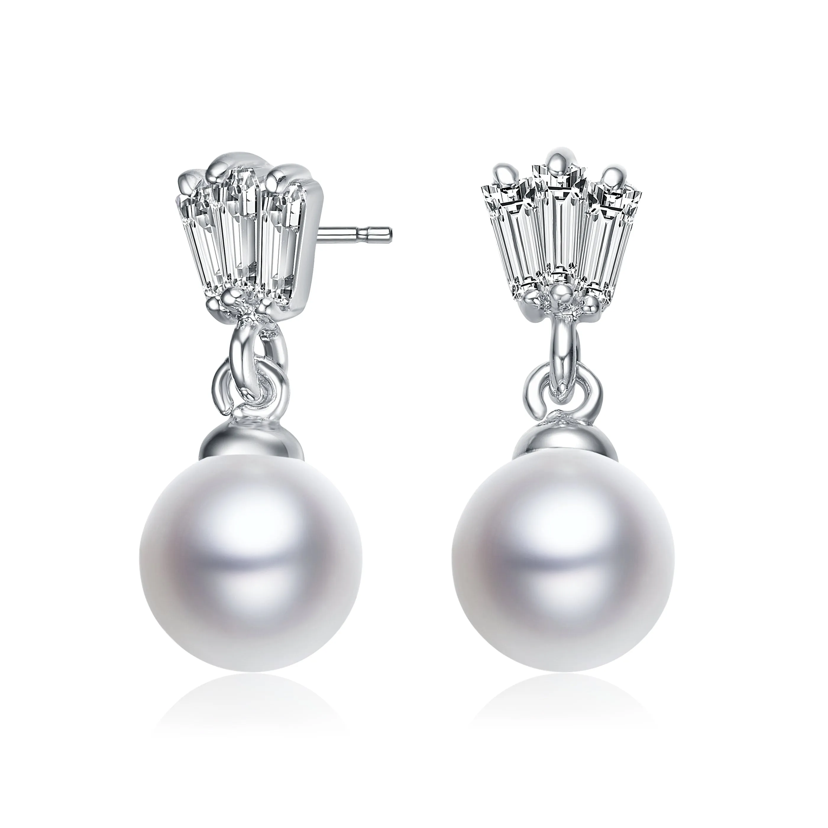 Sterling Silver with Rhodium Plated White Round Freshwater Pearl with Clear Baguette Cubic Zirconia Drop Earrings