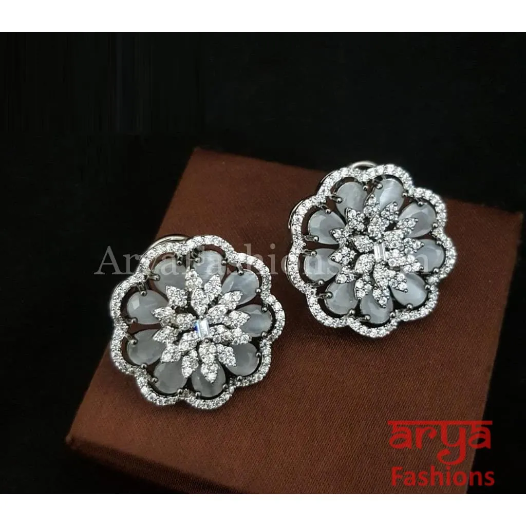 Tahi CZ Studs with Silver stones in Black Victorian Finish/ Trendy Bollywood Stud Earrings