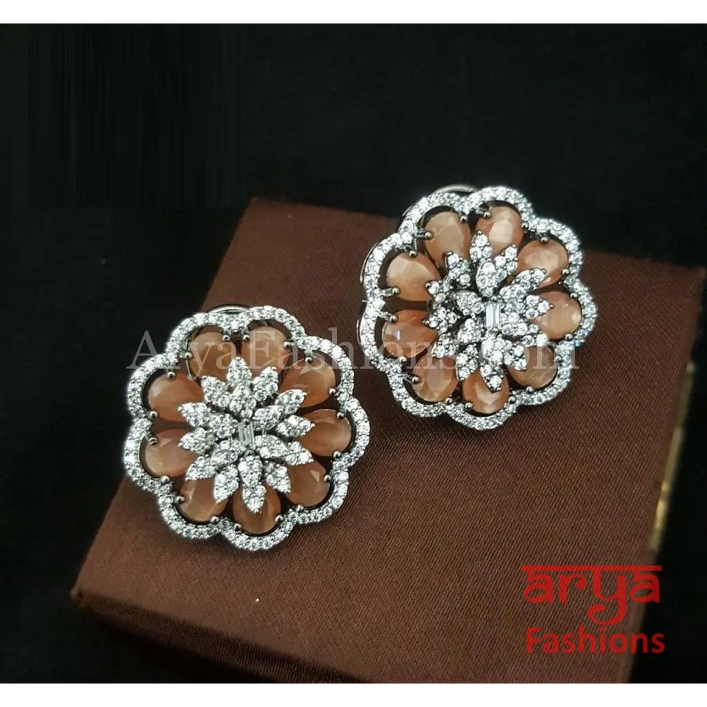 Tahi CZ Studs with Silver stones in Black Victorian Finish/ Trendy Bollywood Stud Earrings