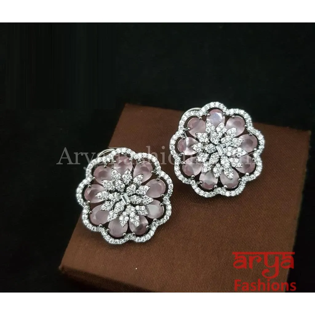 Tahi CZ Studs with Silver stones in Black Victorian Finish/ Trendy Bollywood Stud Earrings