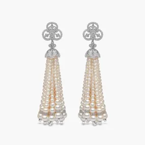 Tassel 18K Gold Freshwater Pearl and Diamond Club Earrings