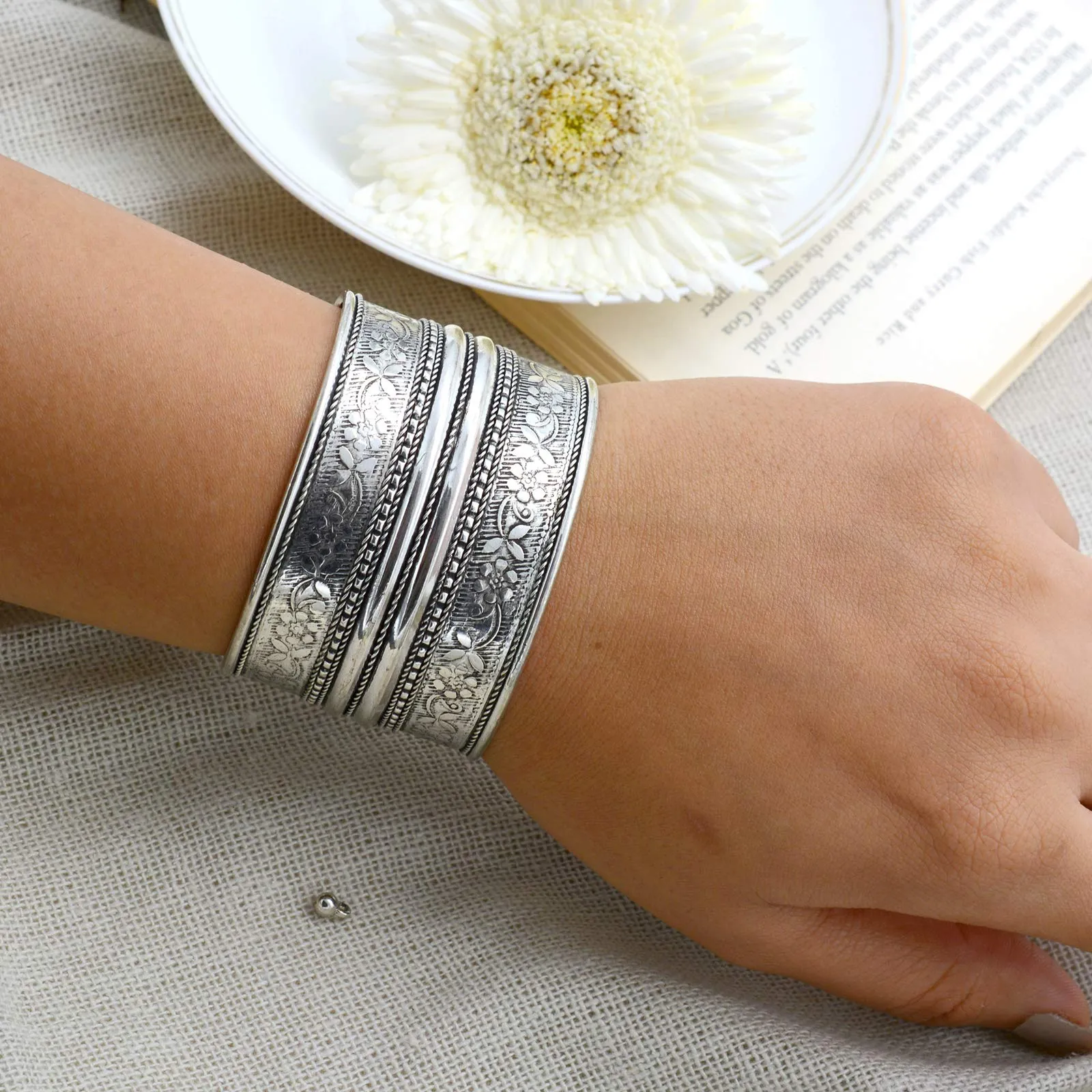 TEEJH Raksha Floral Embossed Silver Oxidized Cuff for Women