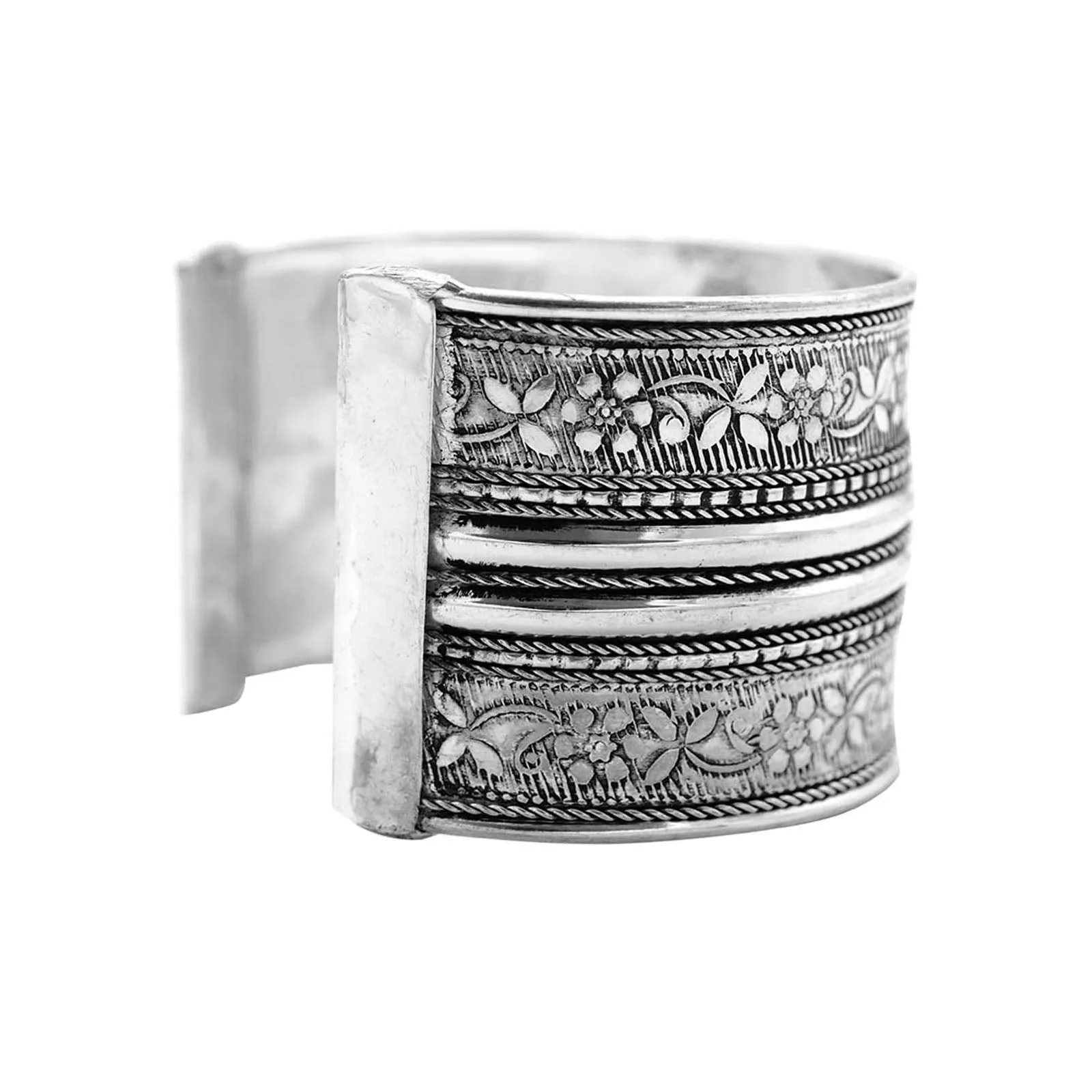 TEEJH Raksha Floral Embossed Silver Oxidized Cuff for Women