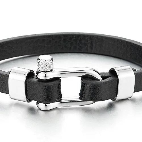 Thin Steel Screw Anchor Shackles Black Leather Bracelet Men Women, Nautical Sailor Bangle Wristband