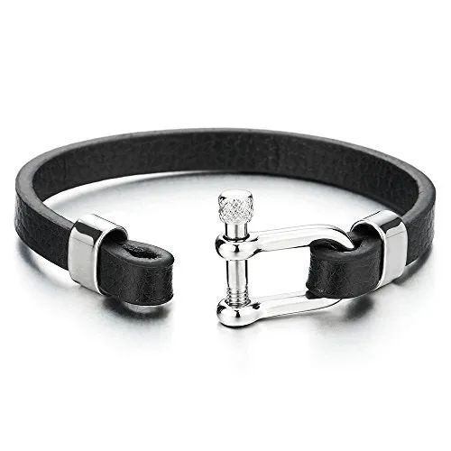 Thin Steel Screw Anchor Shackles Black Leather Bracelet Men Women, Nautical Sailor Bangle Wristband