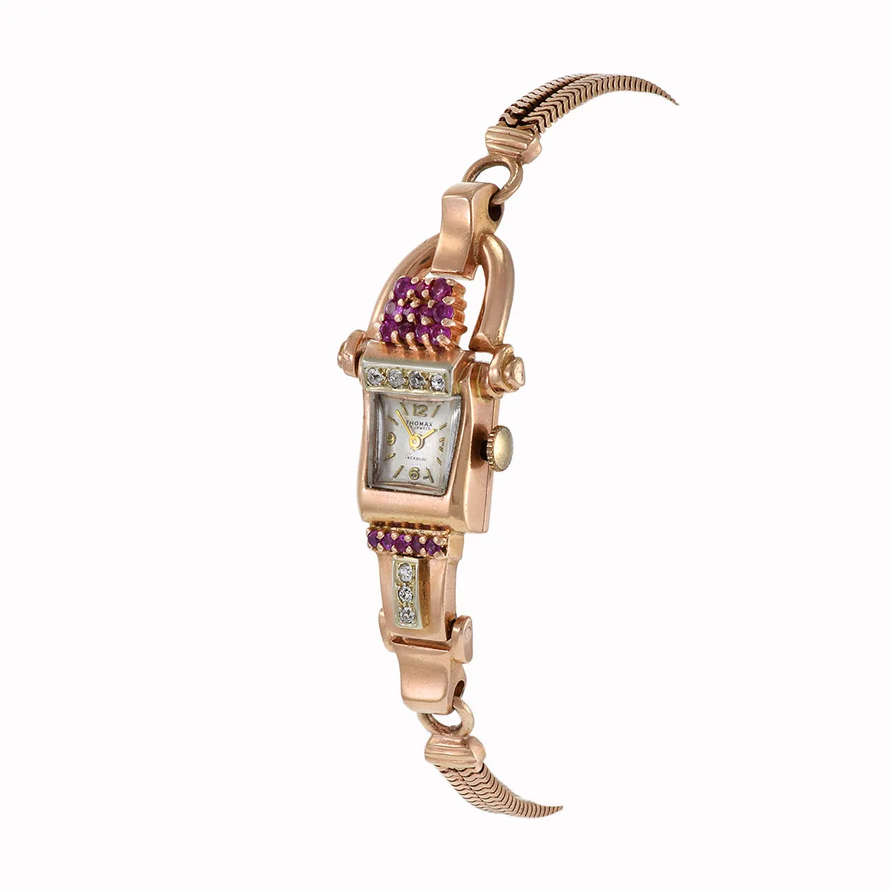 Thomax 1950's Ladies 14KT Pink Gold Ruby and Diamond Cocktail Watch