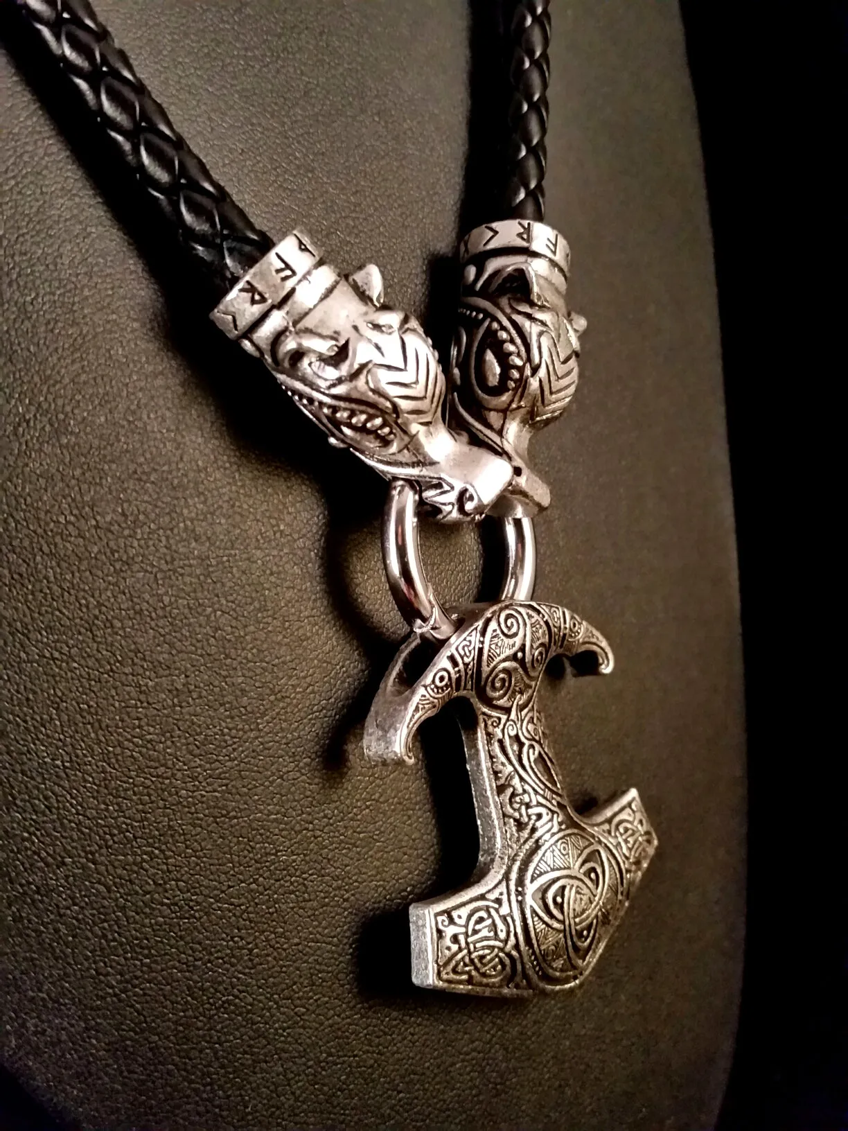 Thor's Hammer Necklace Silver Wolf Runes Norse Viking Style