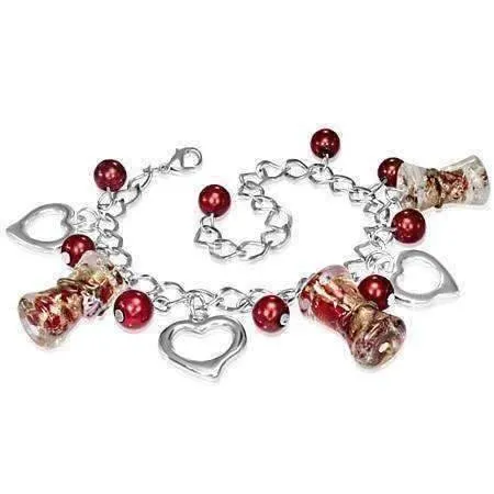 Three Hearts Lamp Work Glass Bead Charm Bracelet ~ Three Colors