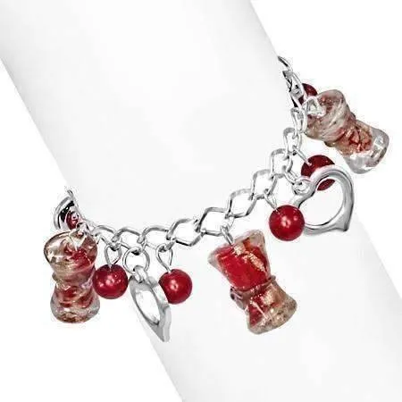 Three Hearts Lamp Work Glass Bead Charm Bracelet ~ Three Colors