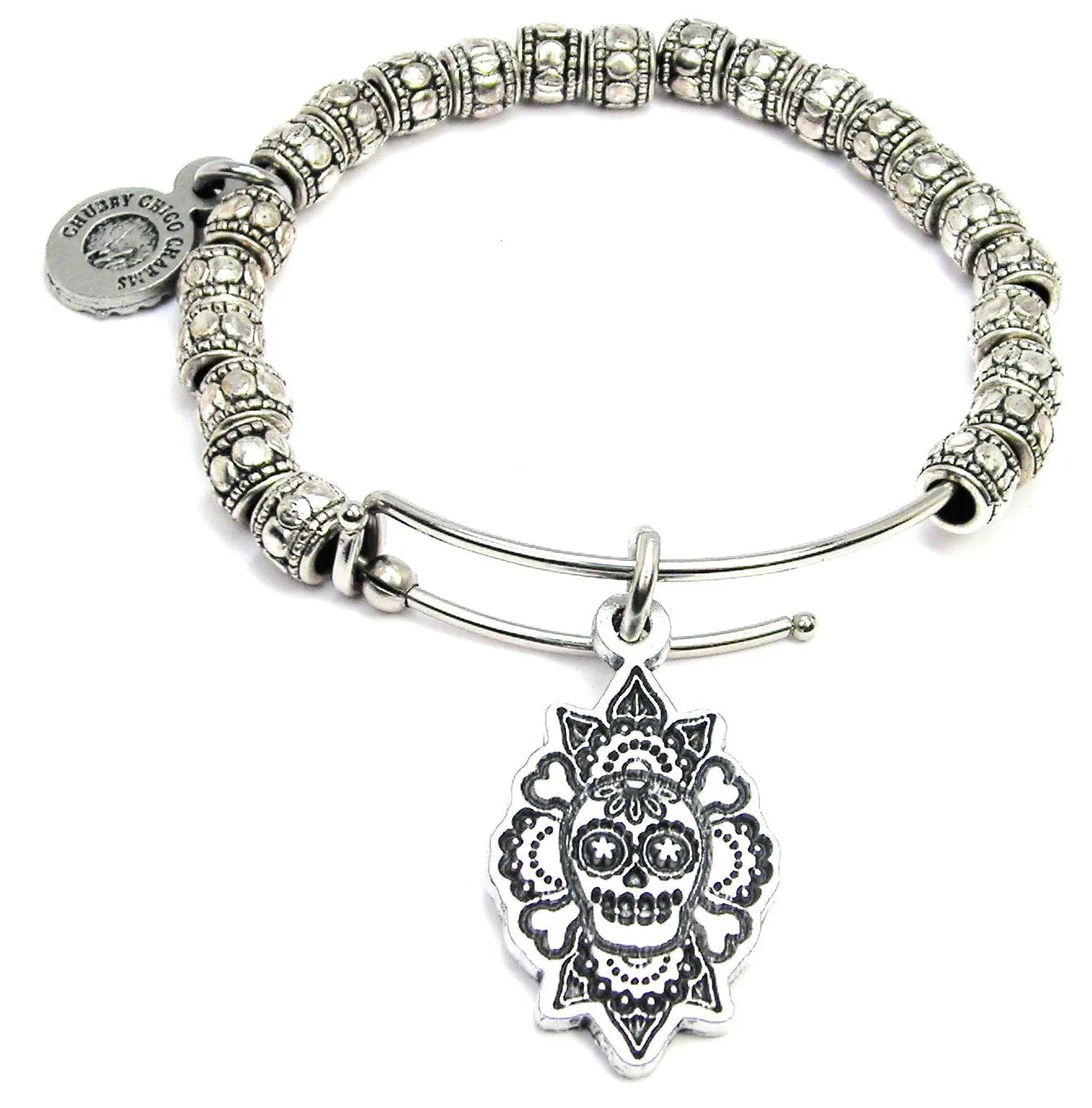 Traditional Sugar Skull and Crossbones Metal Beaded Bracelet