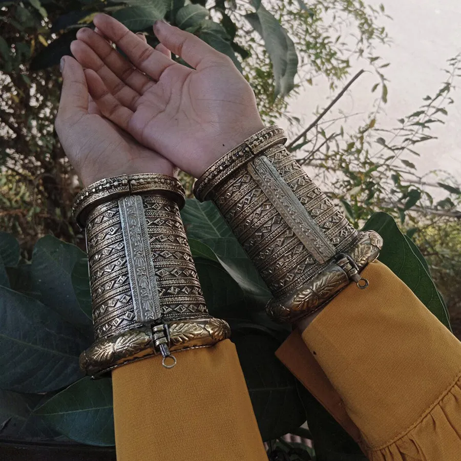 Tribal Golden Massive Handcuff Hinged Bracelet