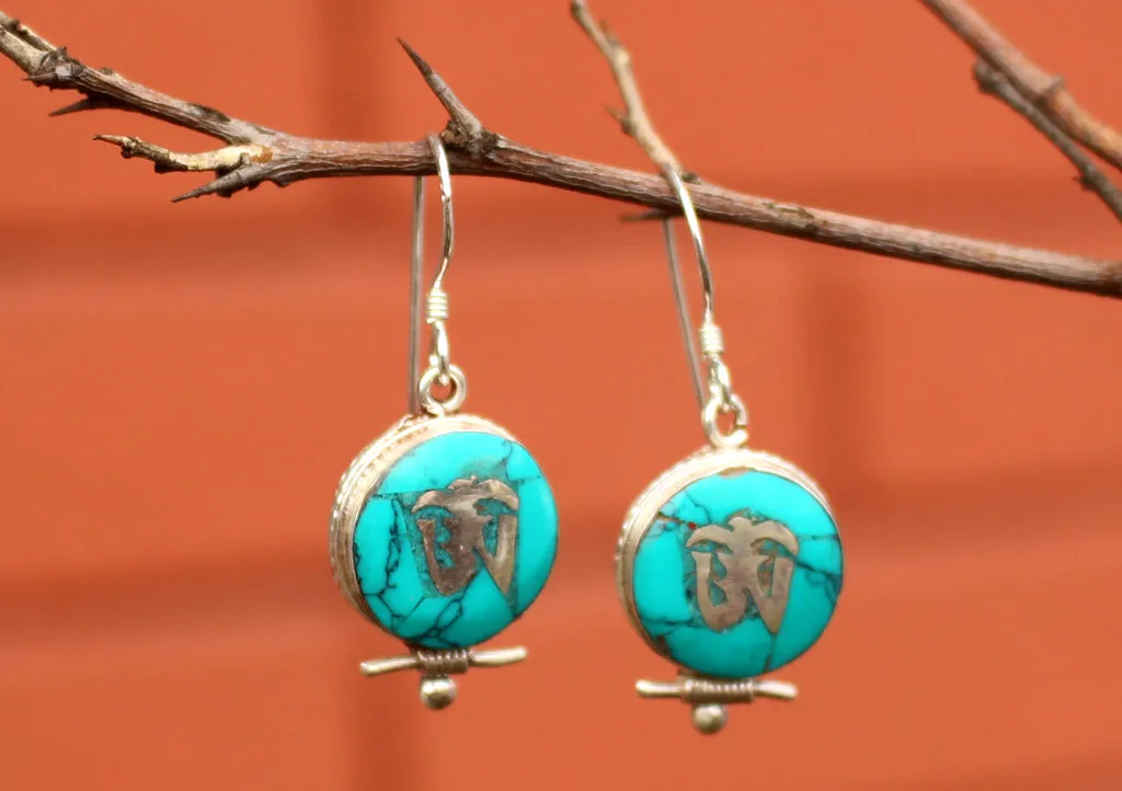 Turquoise Inlaid Tibetan Om Sterling Silver Earrings