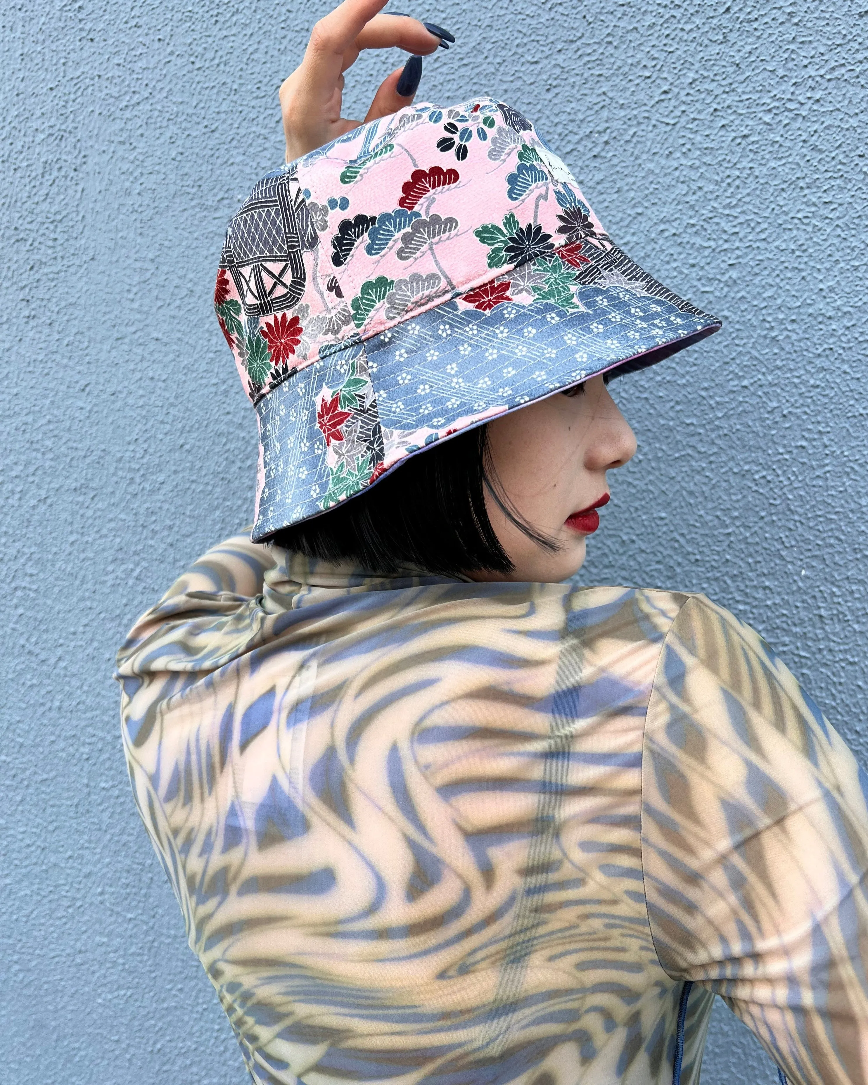 UPCYCLED KIMONO BUCKET HAT・PINK WAGARA ピンク和柄