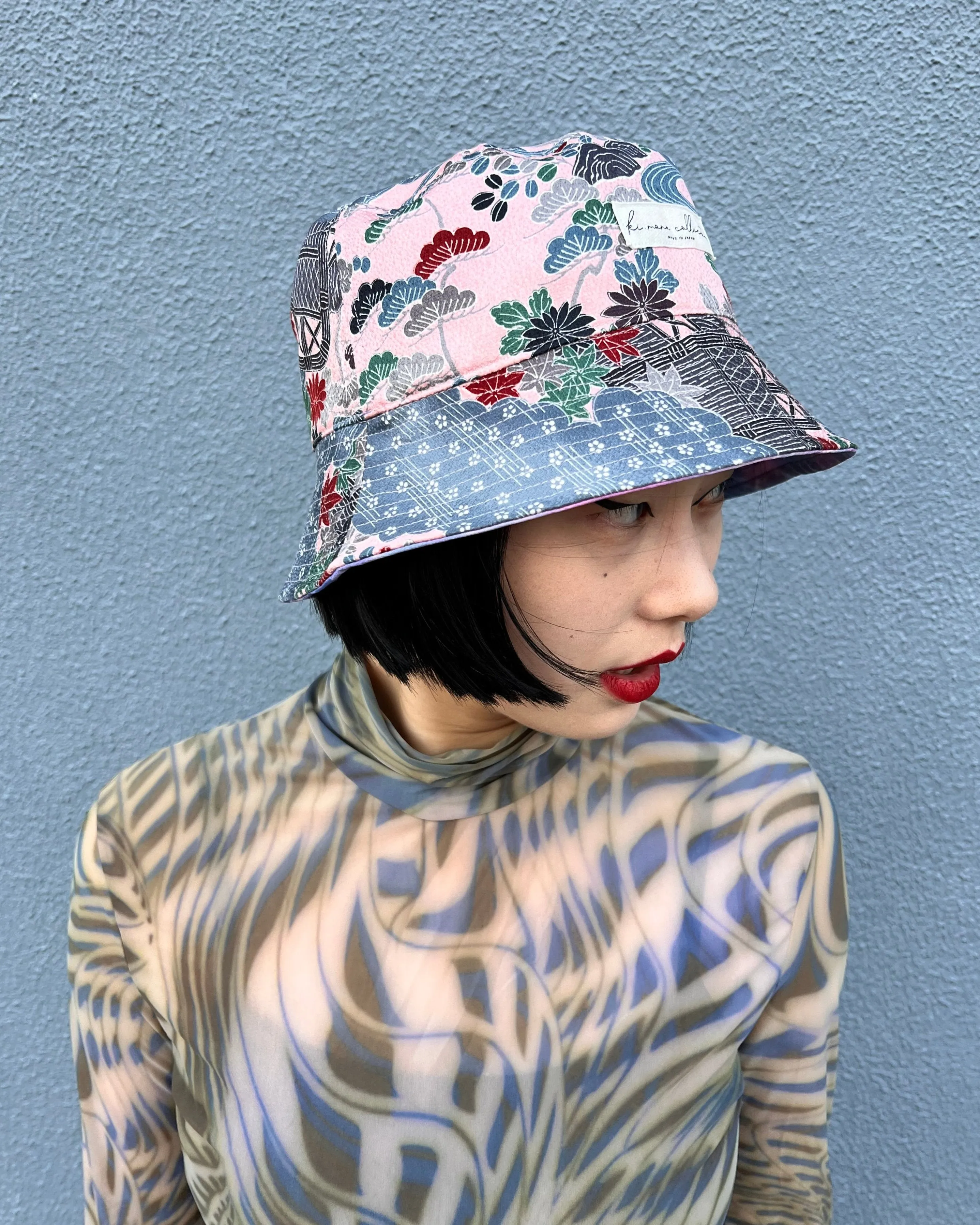 UPCYCLED KIMONO BUCKET HAT・PINK WAGARA ピンク和柄